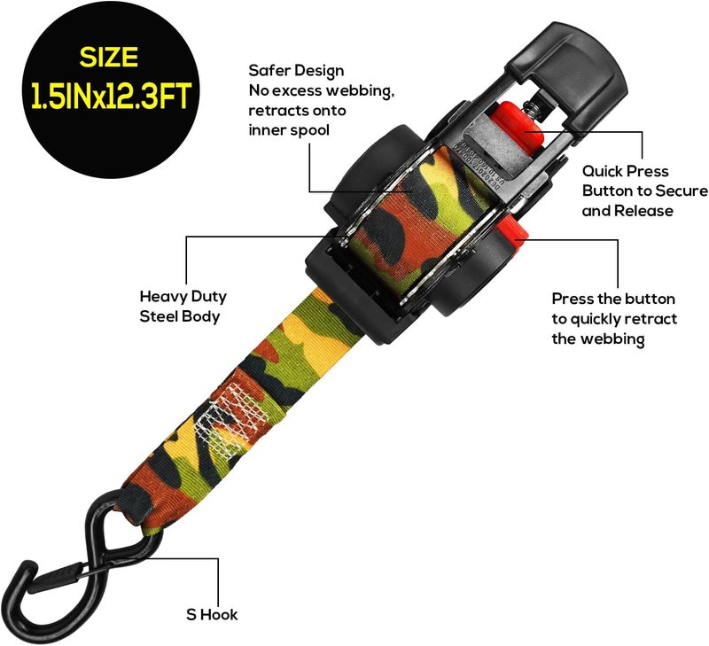 ANLU LOAD ANLULOAD 2 Packs Retractable Ratchet Straps (1.5in x 12.3ft),Cargo Strap Tie Downs for Trunk, Garage Motorcycles, Atvs,Trailers-WLL1,102LbS,BS:2,204Lbs（Camouflage Colour） - Image 2